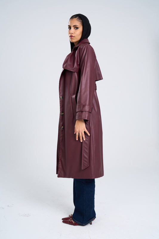 Leather Burgundy Trench Coat