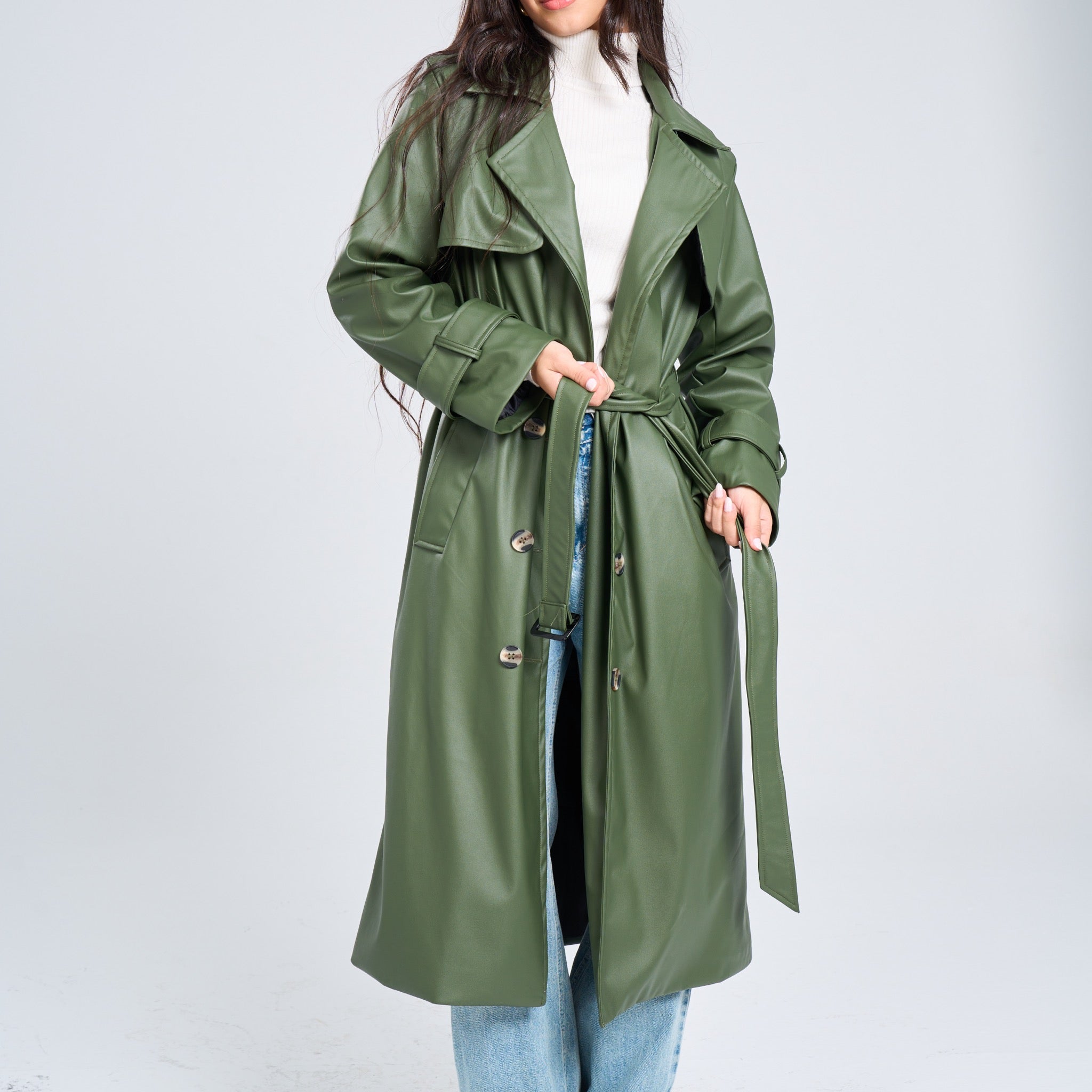 Leather Olive Trench Coat